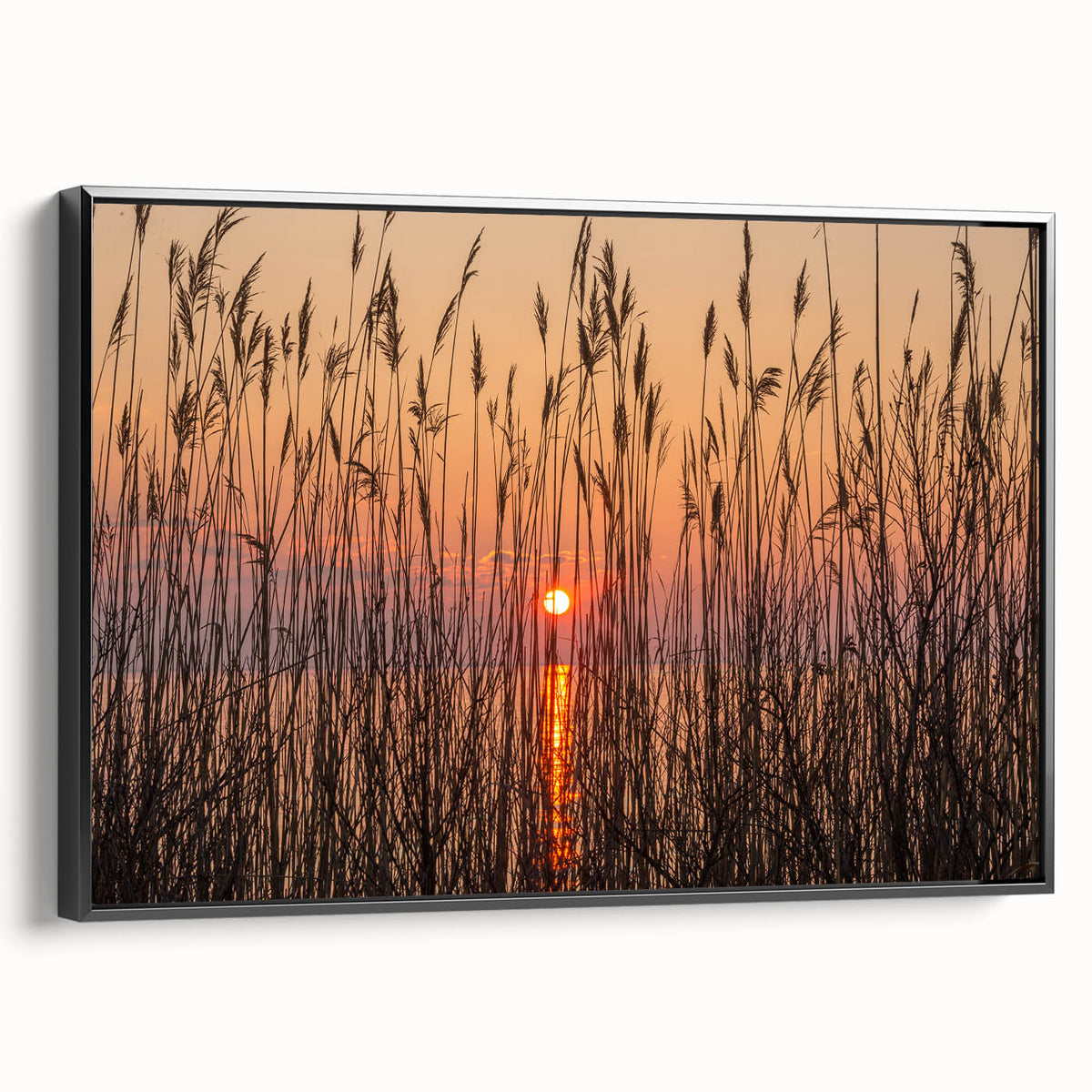 Black and white framed canvas of Chesapeake Bay landscape, ideal for bedroom wall art.
