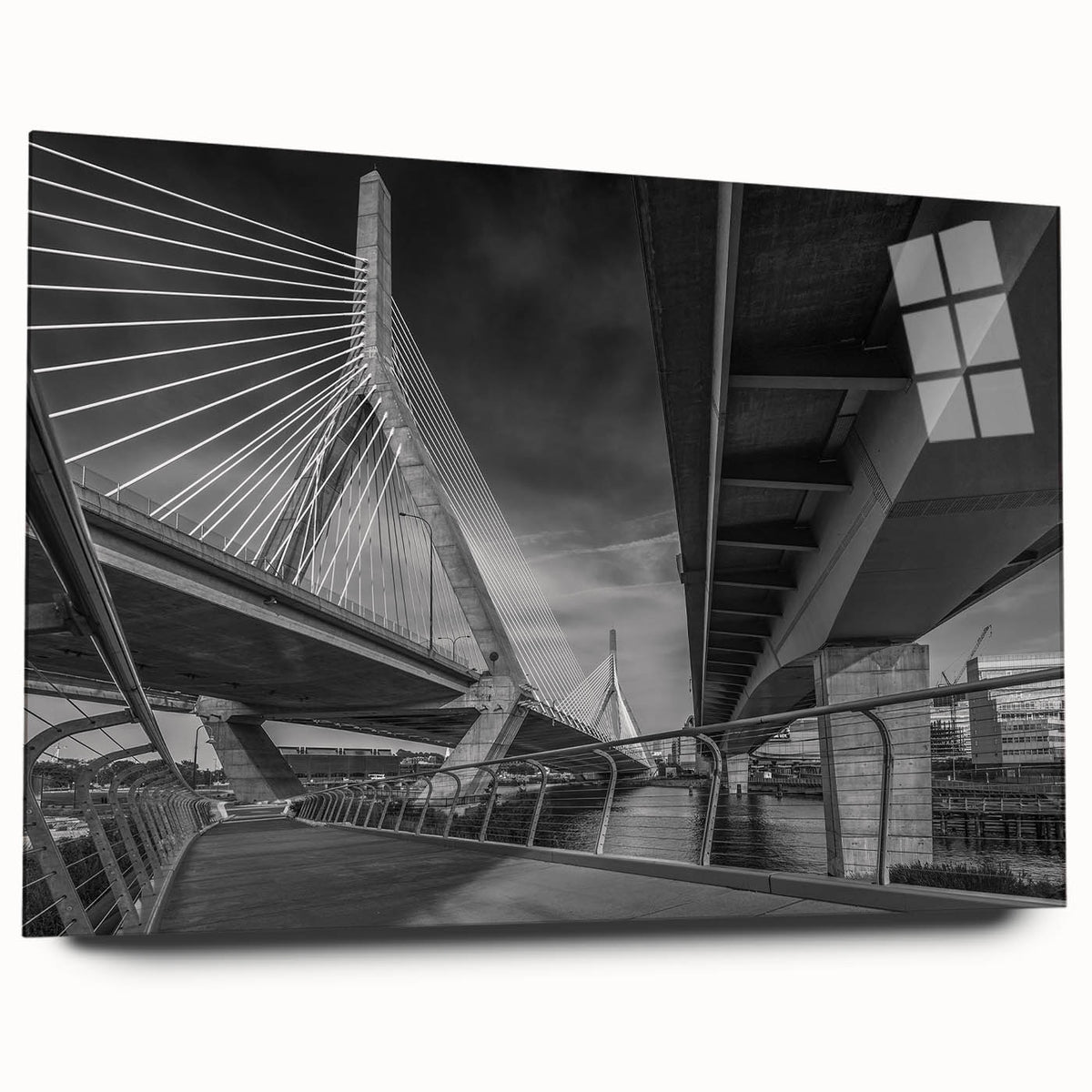 Acrylic print of Boston skyline in muted blue and gray tones, suitable for bedroom or dining room decor.