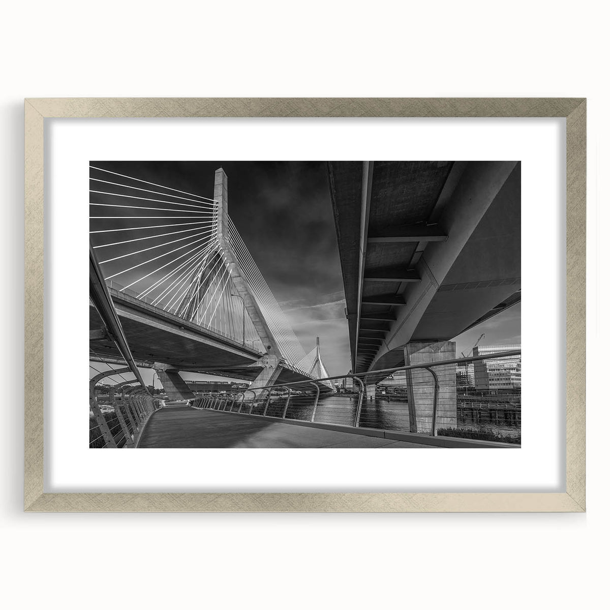 Textured abstract art print of Boston skyline in silver frame, using a palette of cool grays and blues.