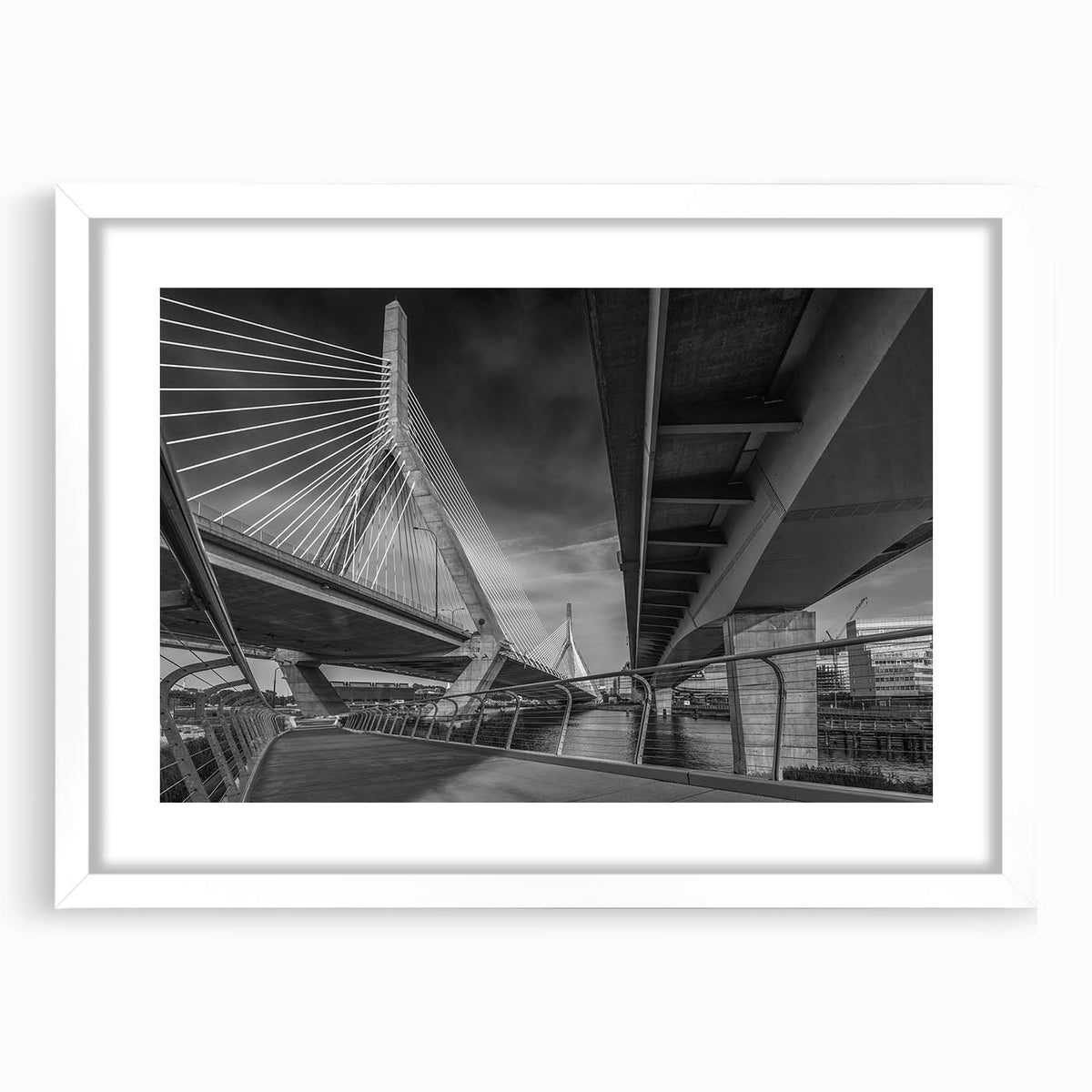 Abstract art print of Boston skyline in muted blues and grays, framed with a white mat, ideal for dining room decor.