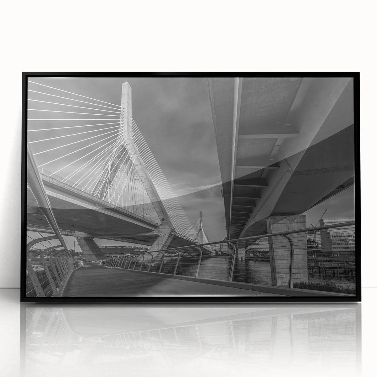 Large abstract wall art depicting a stylized Boston skyline in muted gray tones on a framed acrylic print.