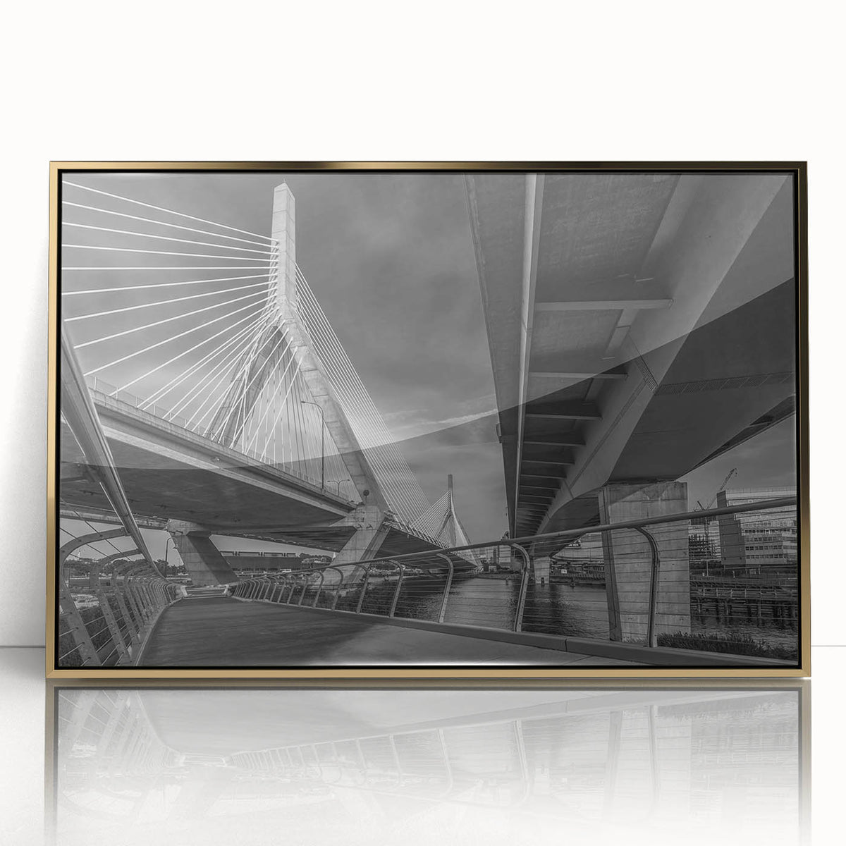 Framed acrylic print of Boston skyline in muted gold tones, ideal for modern art wall decor.