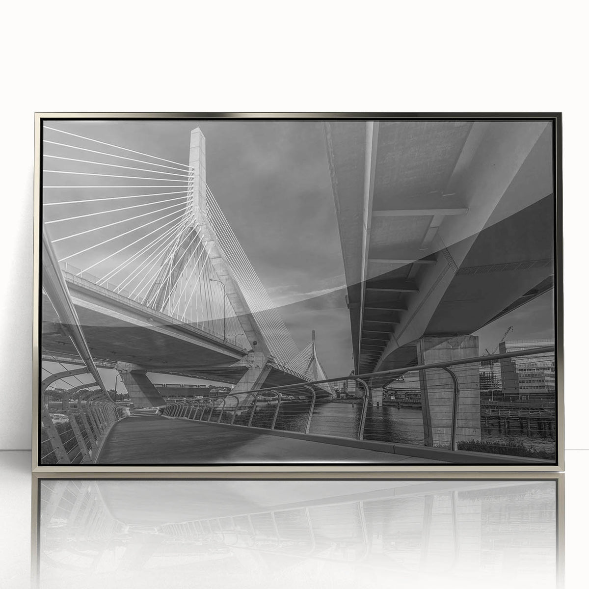 Mid-century modernist art of Boston skyline in muted gray and blue tones on framed acrylic, ideal for modern art wall decor.