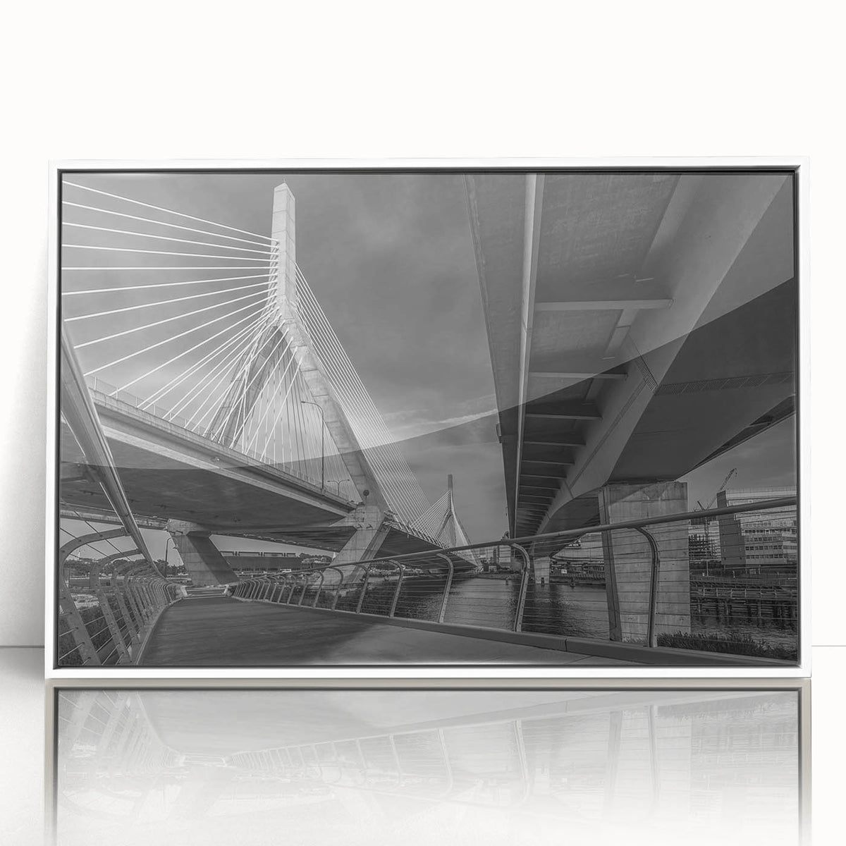 Art deco poster of Boston skyline in muted gray and blue tones on framed acrylic, suitable for modern art wall decor.