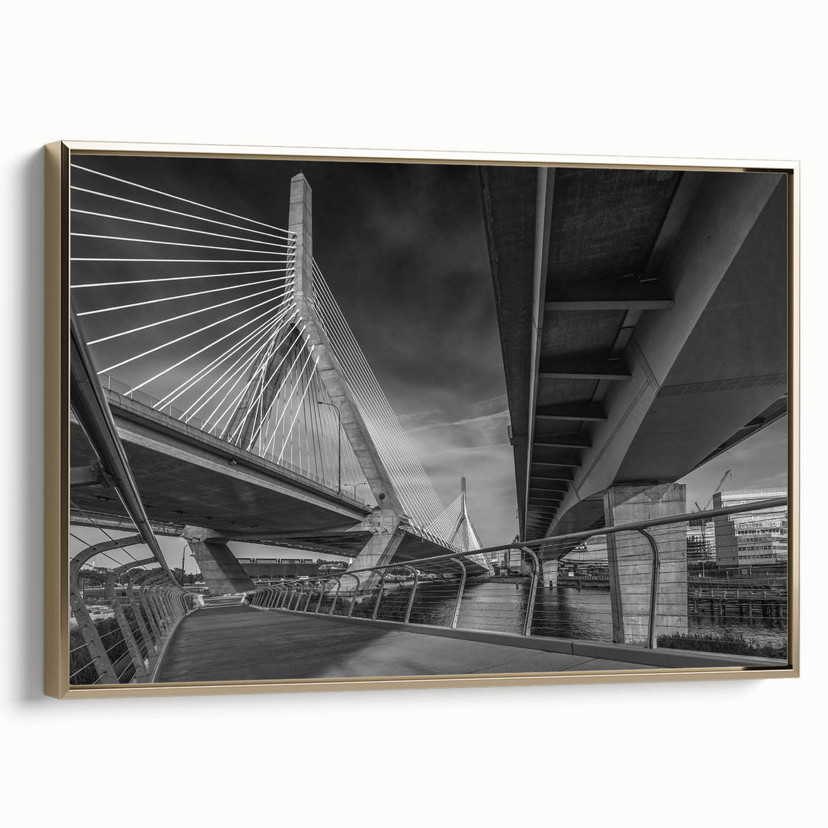 Framed canvas featuring a vintage-style landscape painting of Boston, in muted gold and black tones.