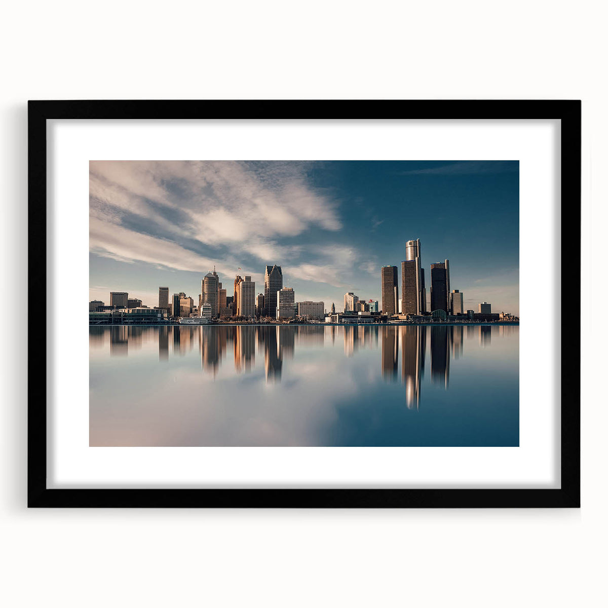 Abstract art print depicting a colorful, textured Detroit skyline on a large canvas, ideal for living room decor.