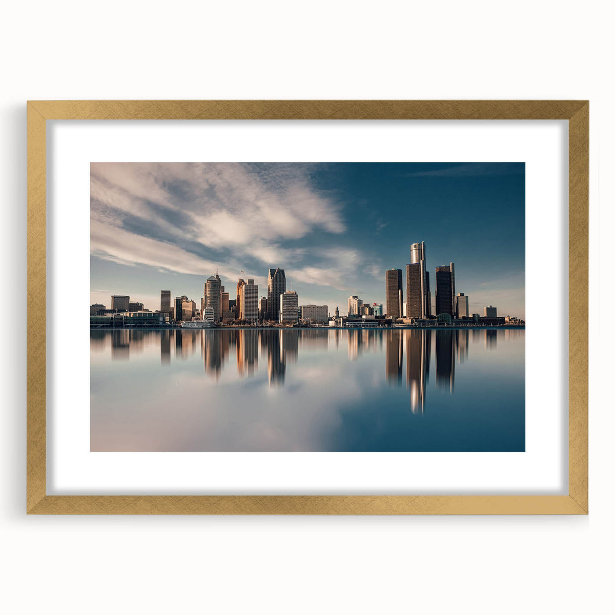 Extra large abstract art print of Detroit skyline in textured gold frame, ideal for living room decor.