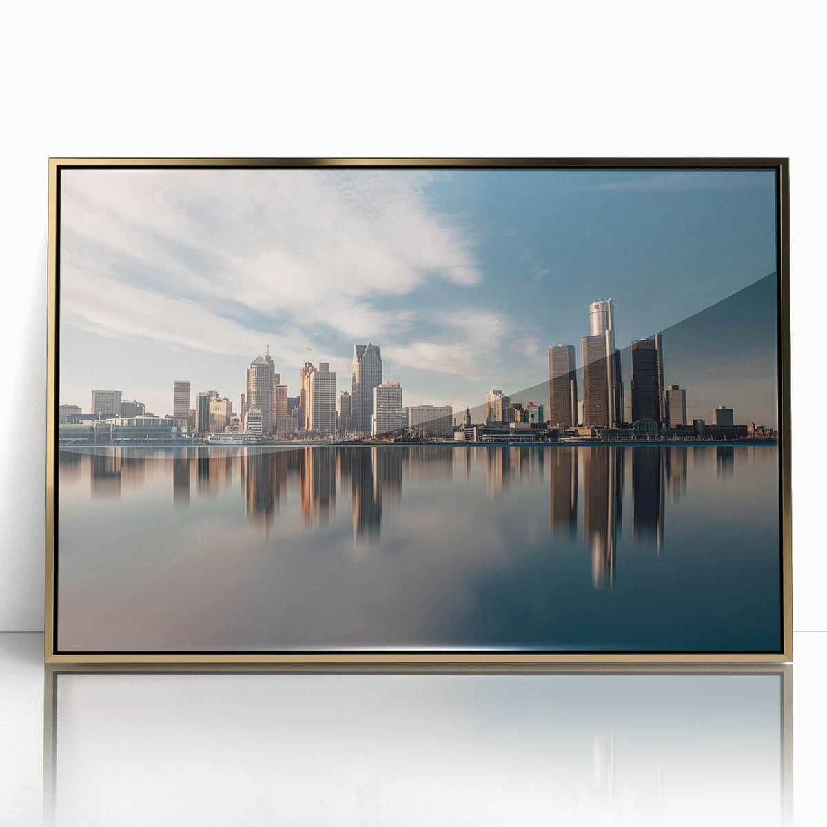 Acrylic print of Detroit skyline with gold frame, featuring mid-century modernist style in muted colors.