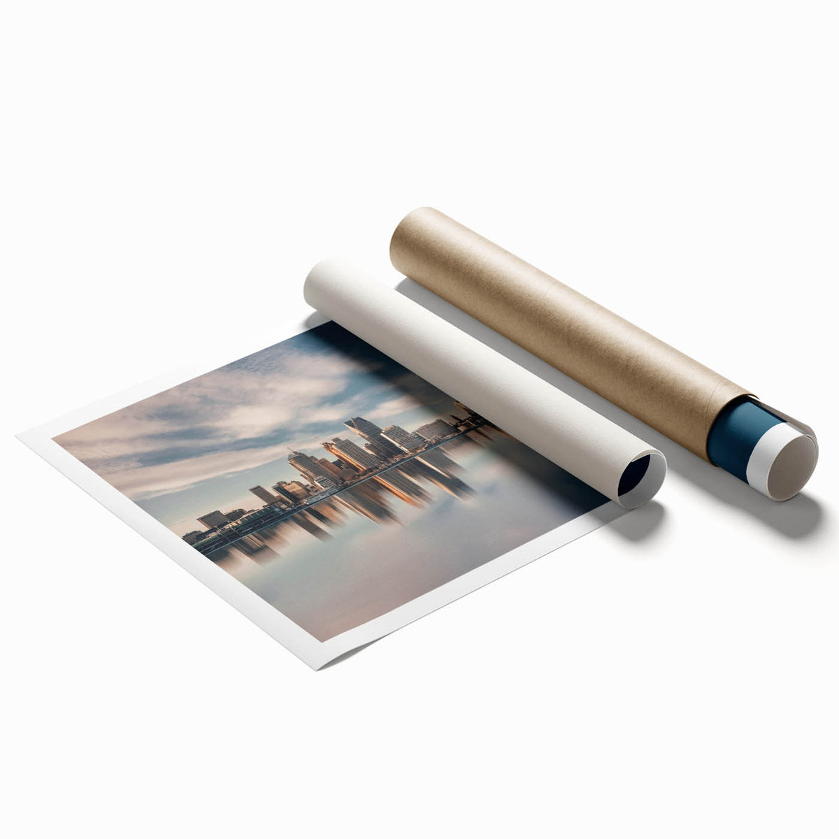 Extra large rolled canvas print of Detroit skyline with soft gray and blue tones, ideal for classy bathroom wall art.