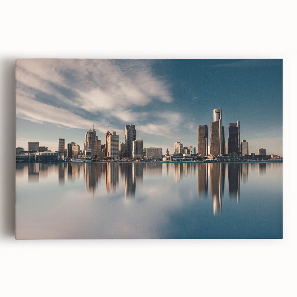 Black and white photo of Detroit skyline on stretched canvas, suitable for kitchen wall art.