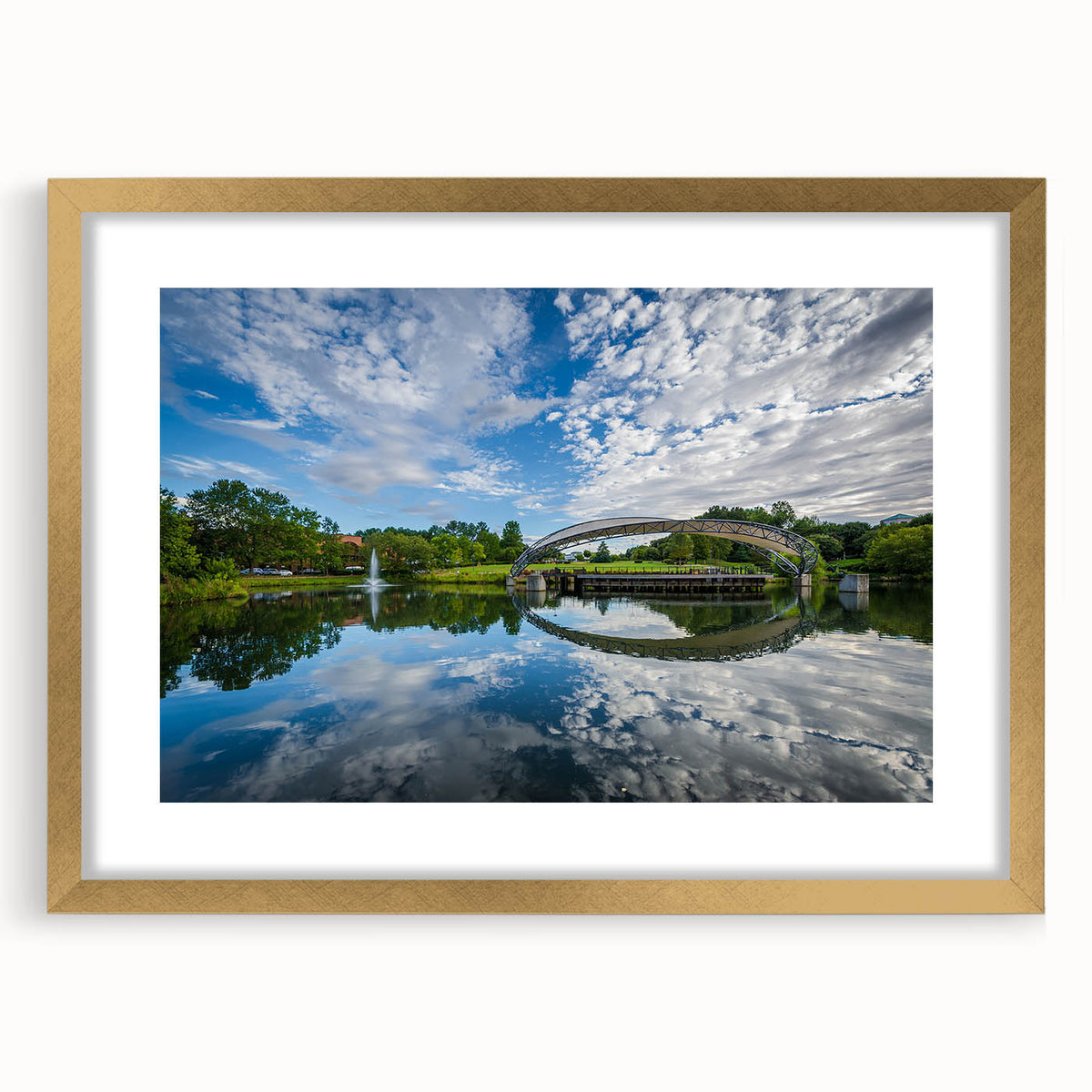 Abstract art print of Charlotte skyline in textured gold frame, ideal for extra large wall art in a living room.