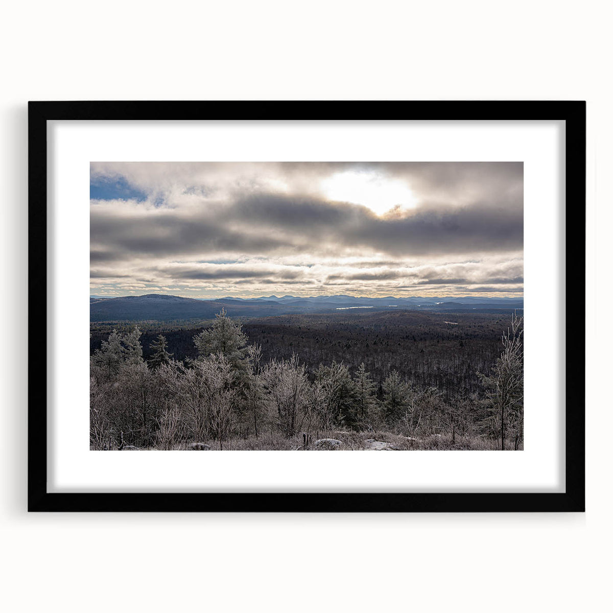 Extra large framed wall art depicting a colorful, abstract Adirondacks scenery in textured style.