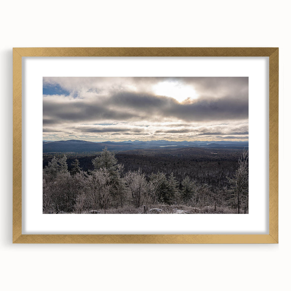 Extra large abstract art print of Adirondack scenery in textured gold frame, suitable for living room decor.