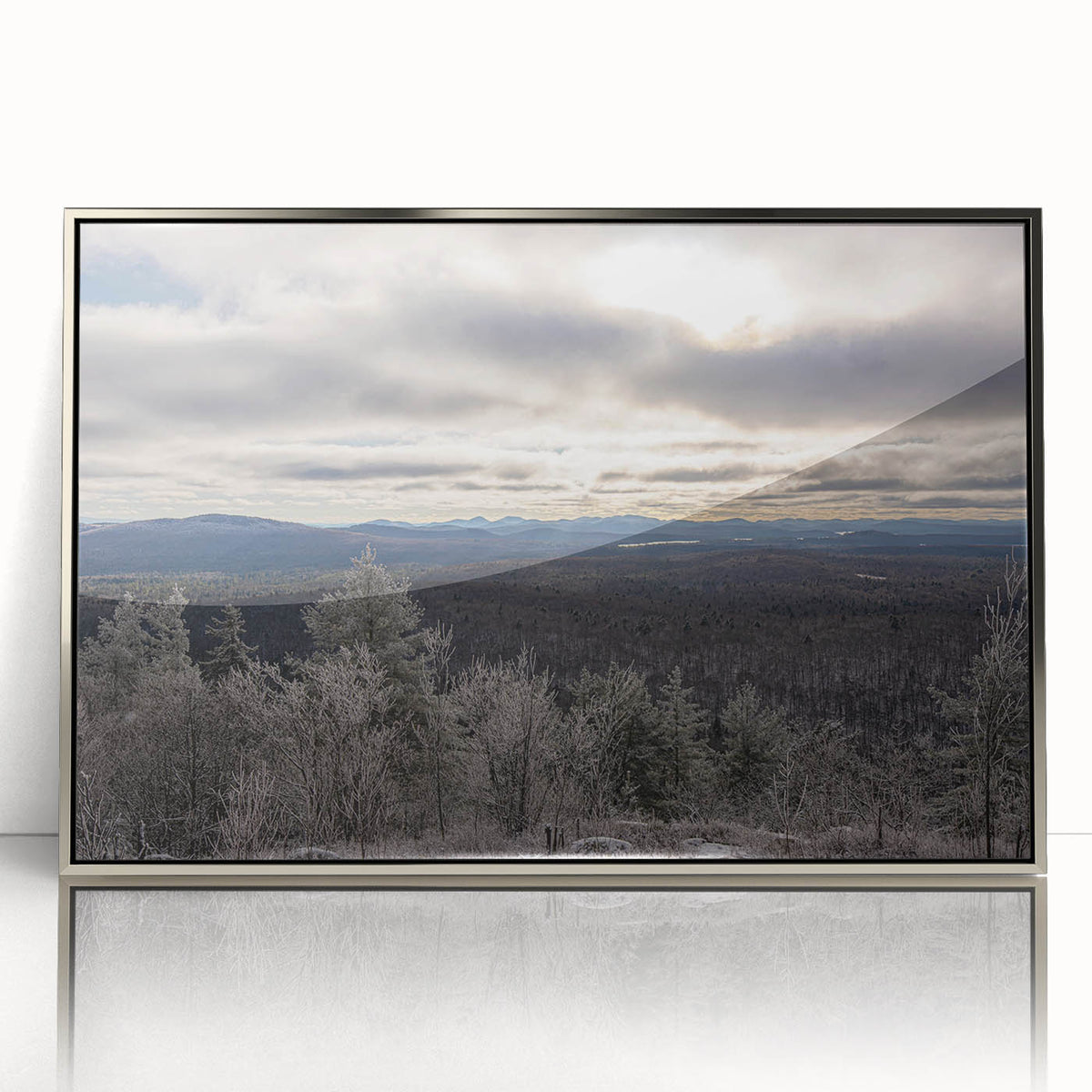 Mid-century modernist art depicting Adirondack scenery in muted earth tones, framed in silver acrylic.