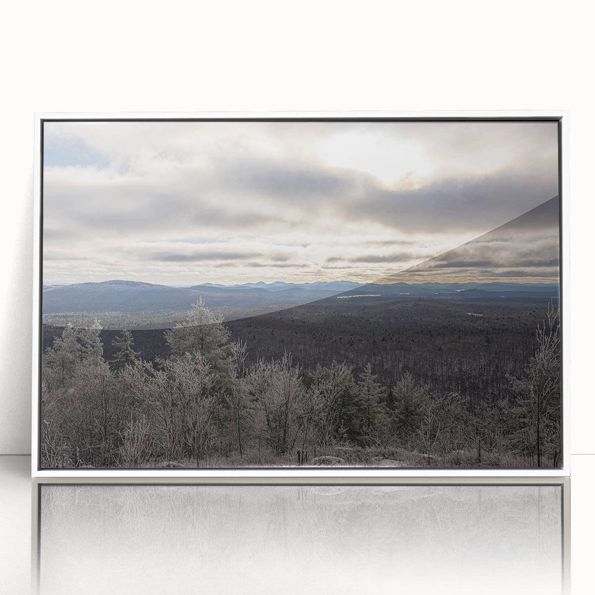 Art deco poster of Adirondacks scenery in a white acrylic frame, muted earth tones, ideal for modern art wall decor.