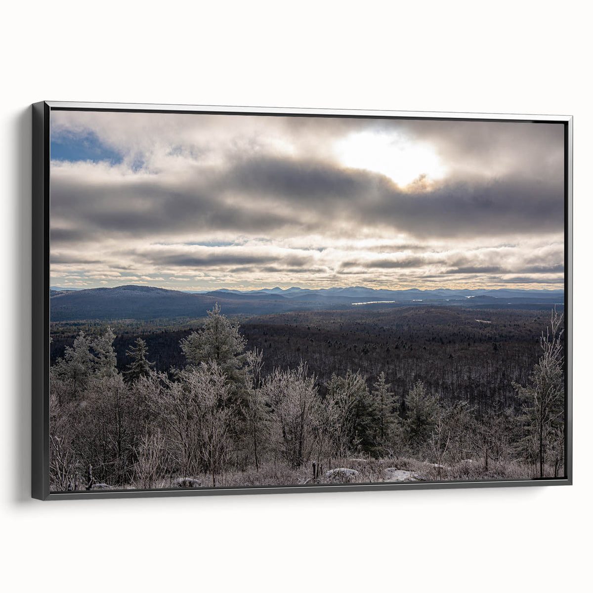 Black and white landscape art painting of the Adirondacks on framed canvas, ideal for bedroom wall decor.