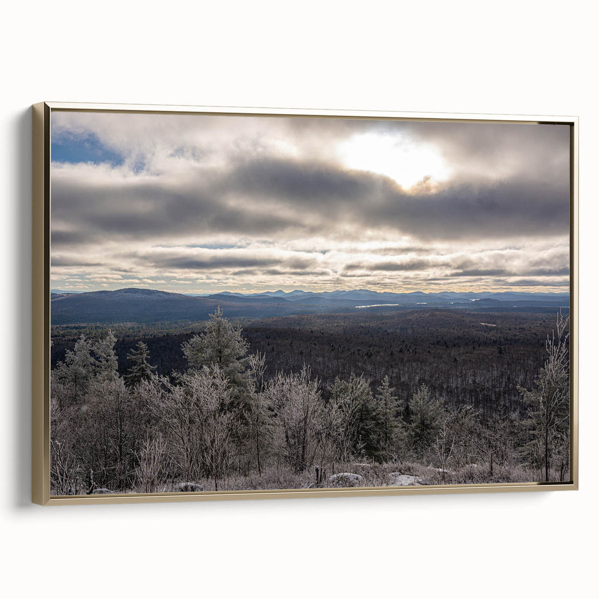 Framed canvas depicting a vintage-style Adirondacks landscape in muted earth tones, ideal for bedroom wall art.