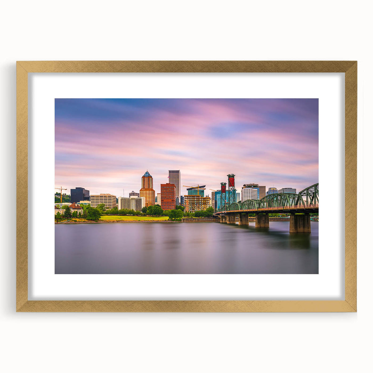 Extra large abstract art print depicting textured scenery of Portland, Oregon in muted earth tones on a gold-framed canvas.
