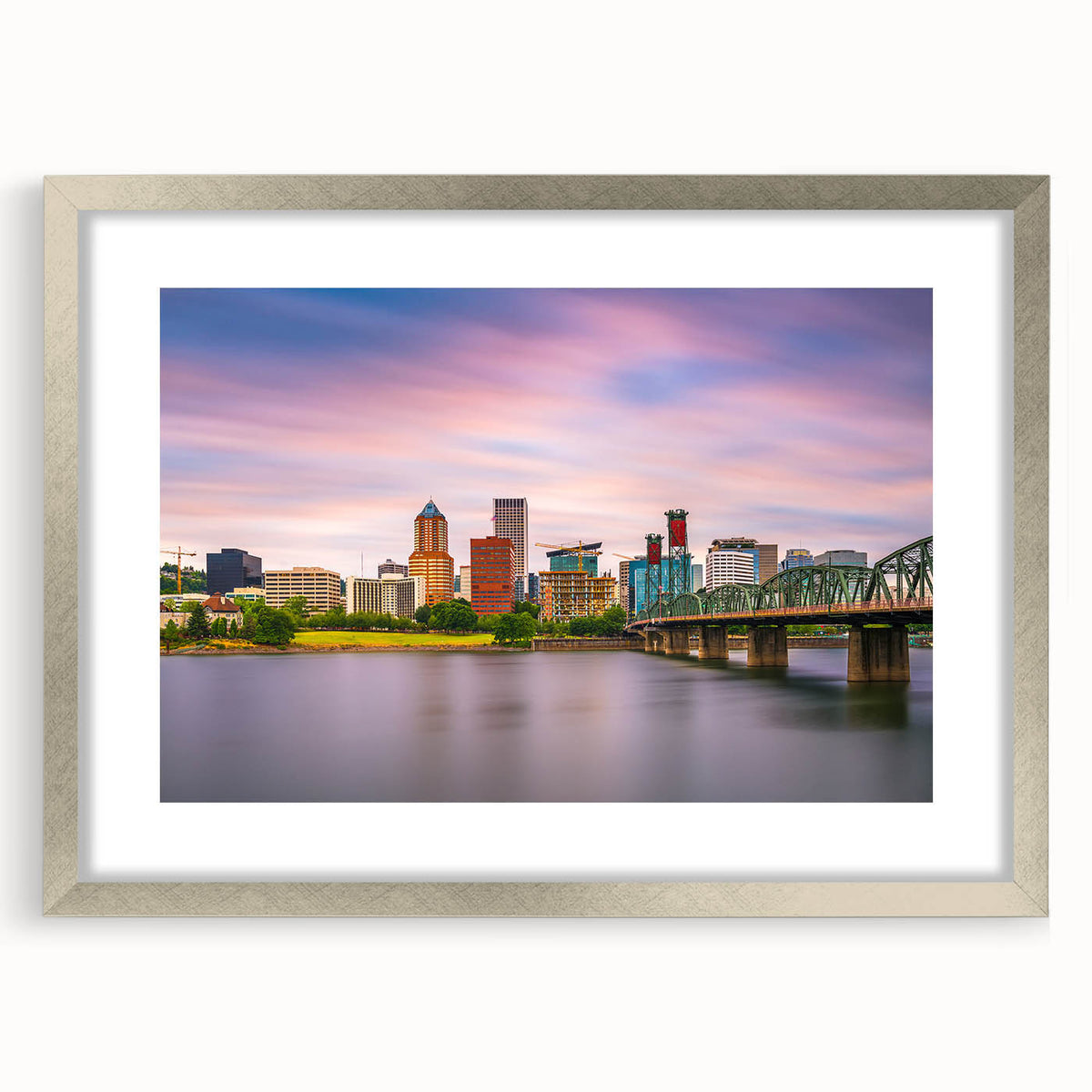 Textured abstract art print of Portland, Oregon, in muted gray tones on a silver-framed canvas, suitable for bedroom decor.