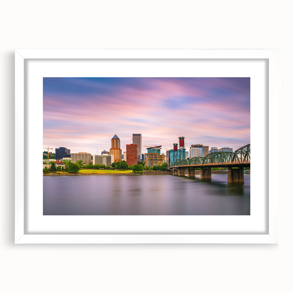 Abstract art print of Portland, Oregon, in vibrant twilight hues on a white-framed canvas, ideal for dining room decor.
