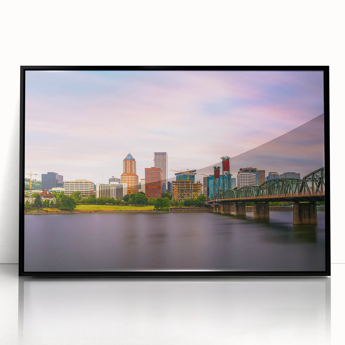 Large abstract wall art depicting Portland's scenery in black and white tones on a framed acrylic.