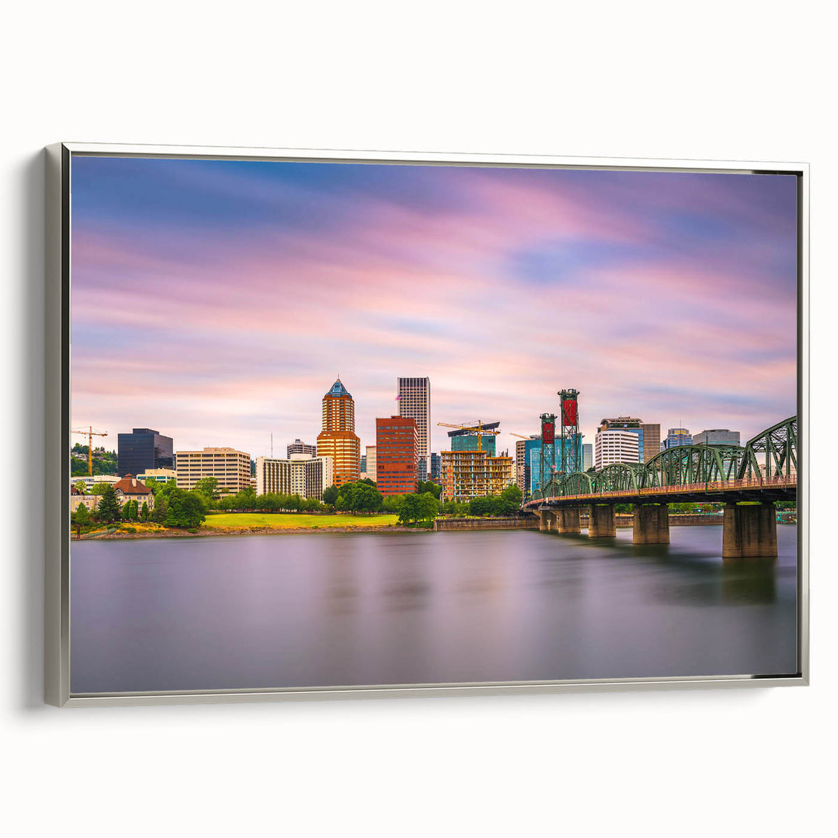 Landscape art painting of Portland, Oregon on framed canvas.