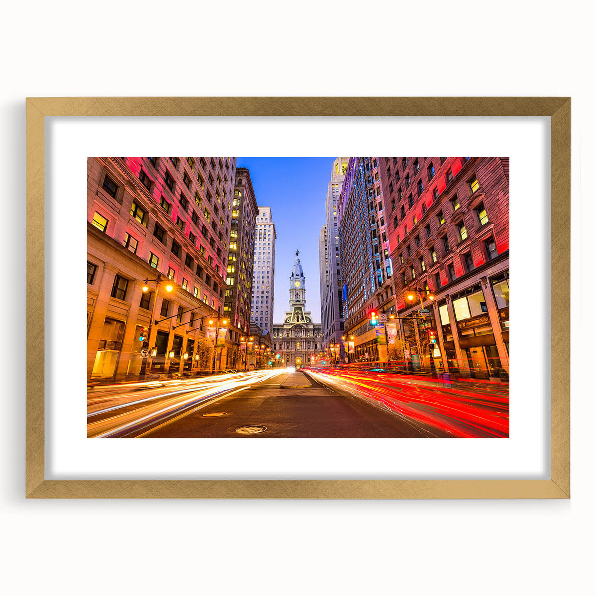 Extra large abstract art print of Philadelphia skyline in textured gold frame, suited for living room decor.