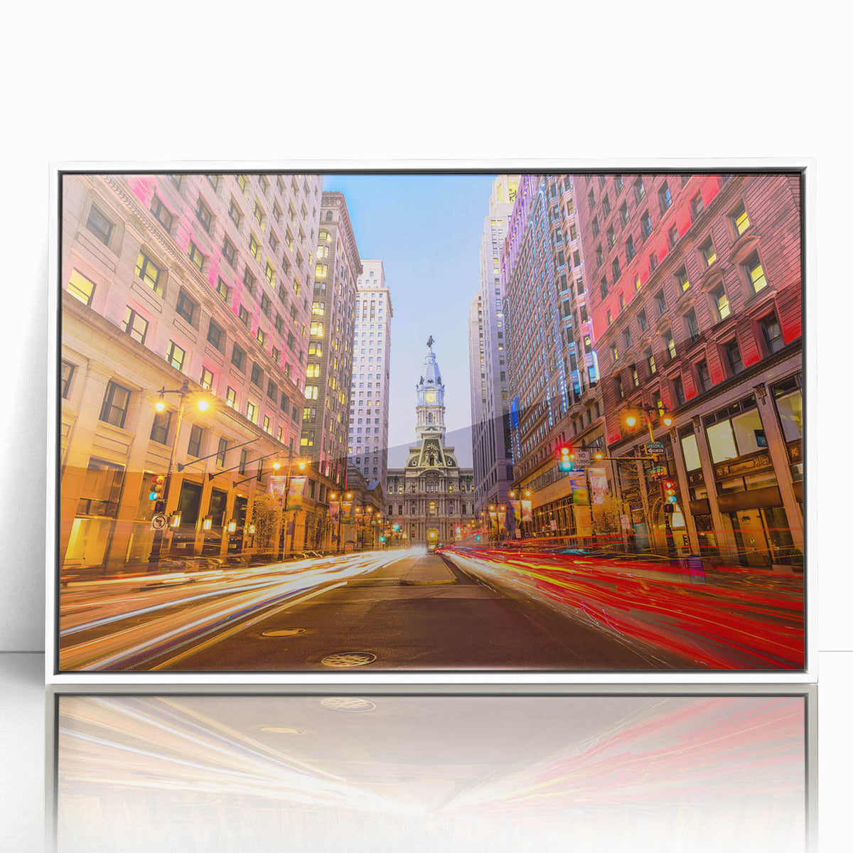 Art deco poster of Philadelphia skyline in muted blue and white tones on acrylic, ideal for modern nursery wall art.