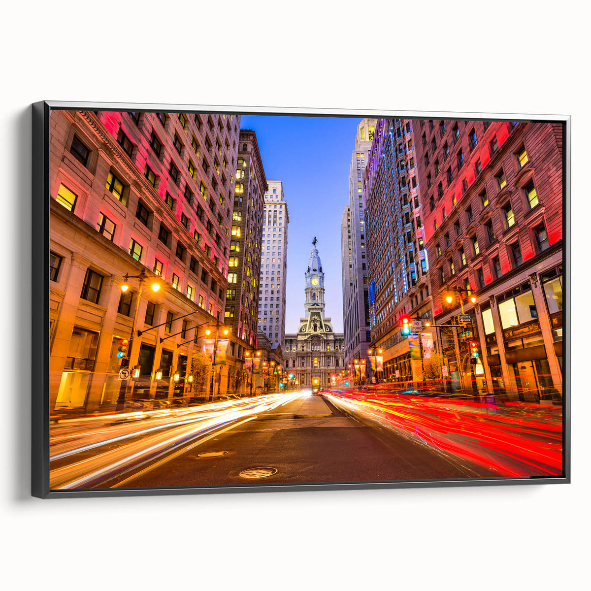 Black and white framed canvas featuring vintage-style landscape art of Philadelphia, ideal for bedroom decor.