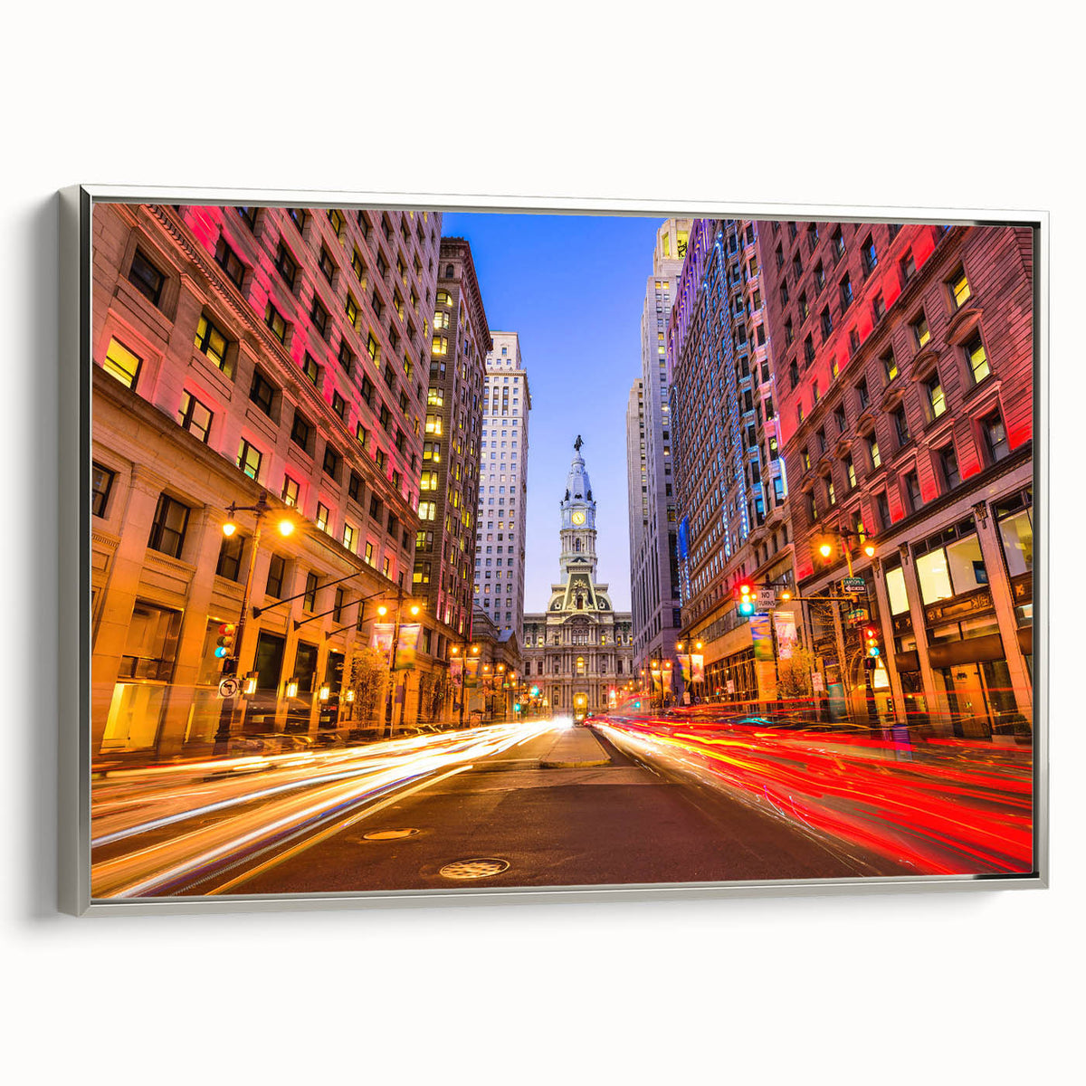 Framed canvas of a vintage-style Philadelphia landscape with colorful art and black accents, ideal for office decor.