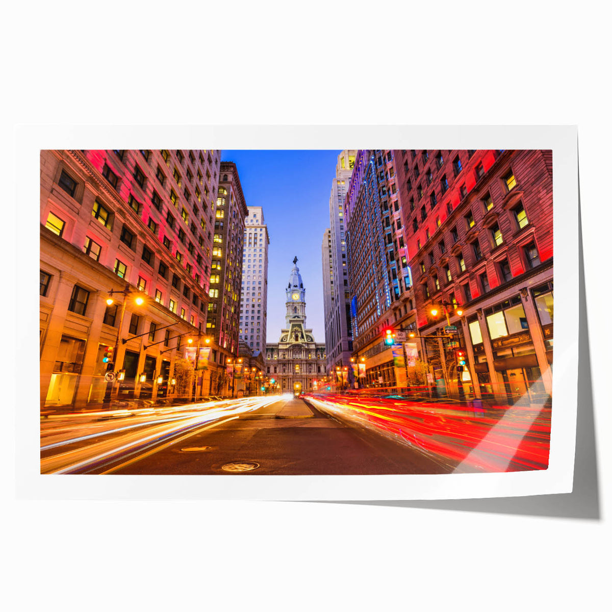 Philadelphia skyline in muted gray and blue tones on a rolled canvas, ideal for art wall dining room.