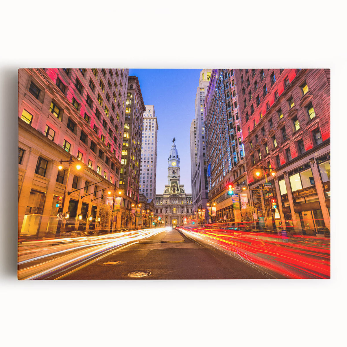 Black and white photograph of Philadelphia skyline on large stretched canvas, ideal for kitchen wall art.