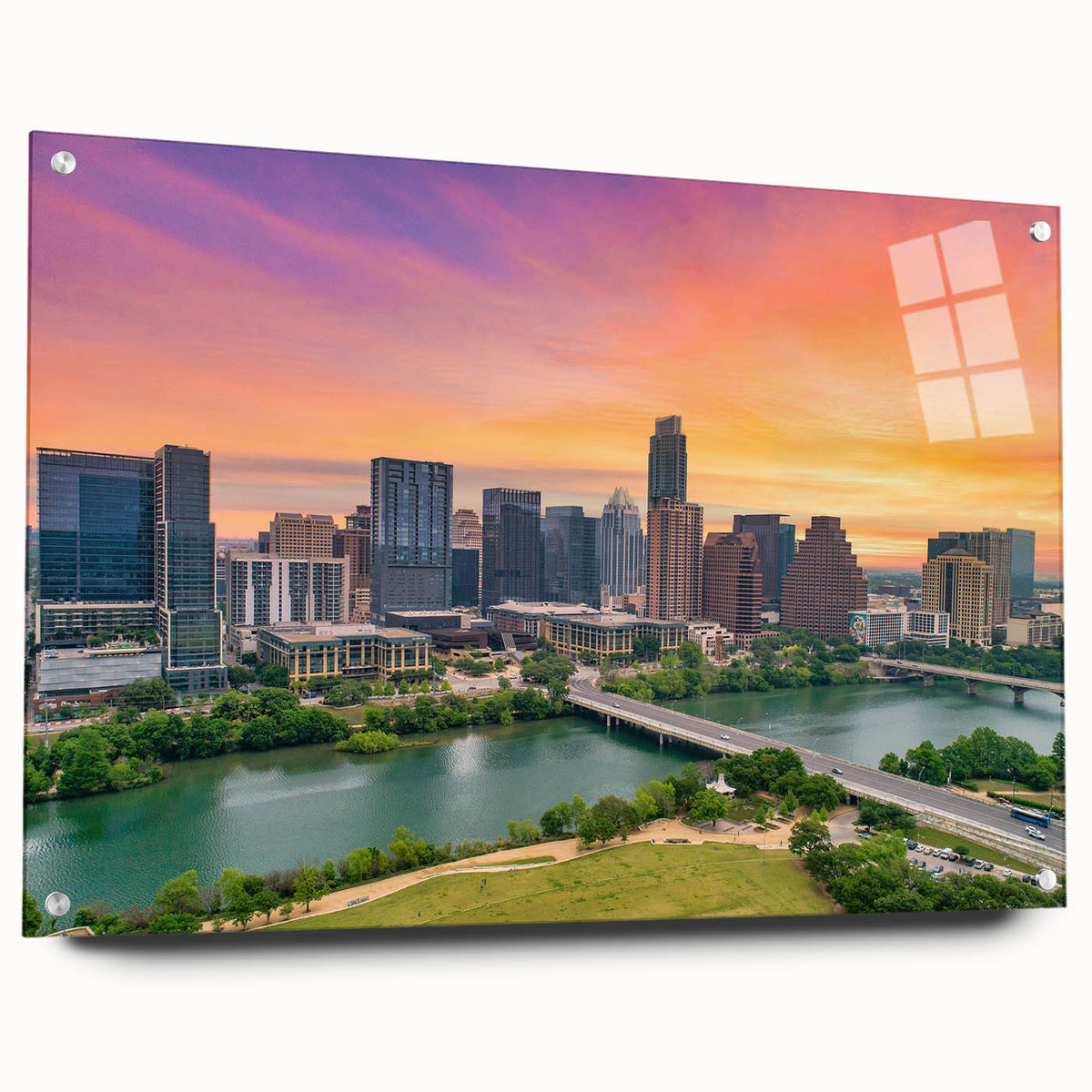Acrylic print of Austin, Texas skyline in muted blue and gray tones, suitable for dining room decor.