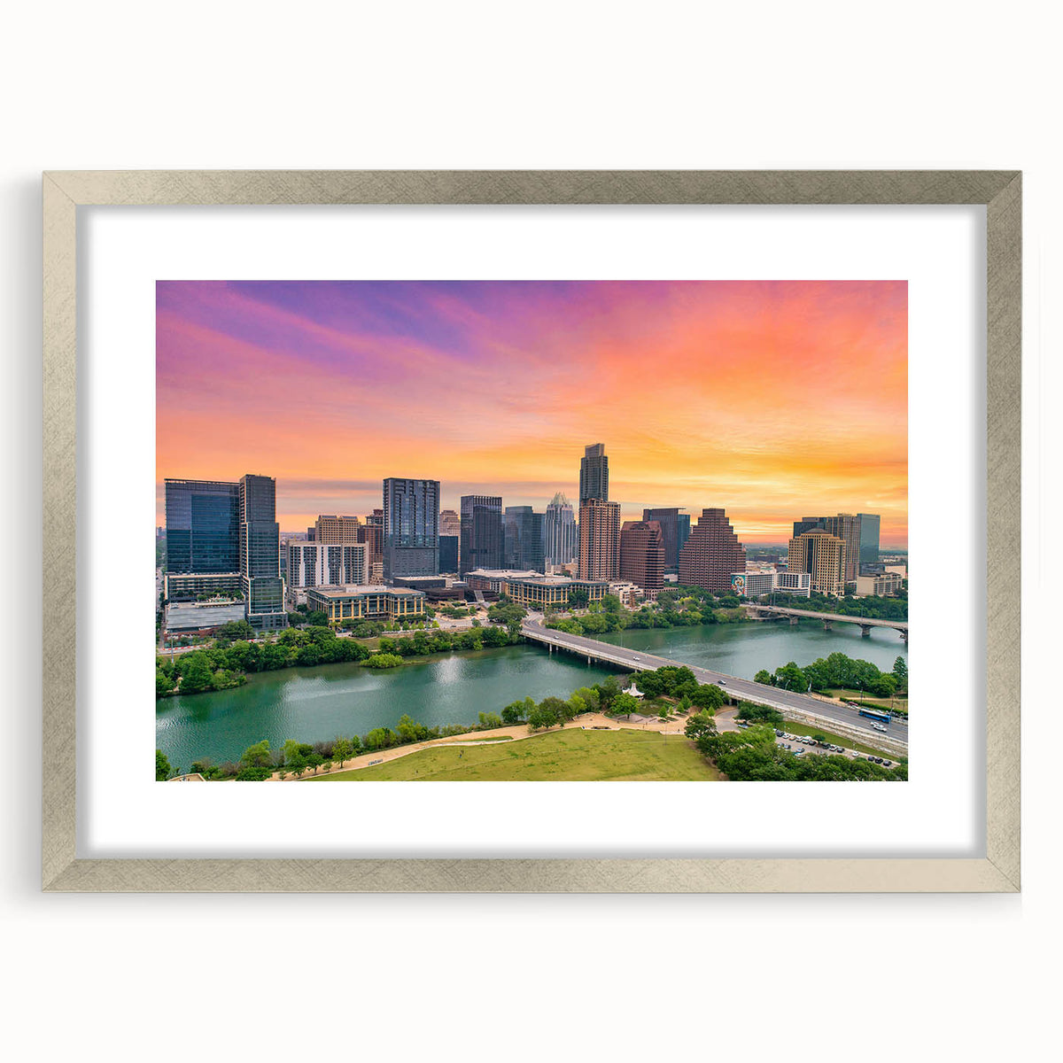 Textured abstract art print of Austin, Texas, in muted earth tones on a framed silver mat, ideal for bedroom art.