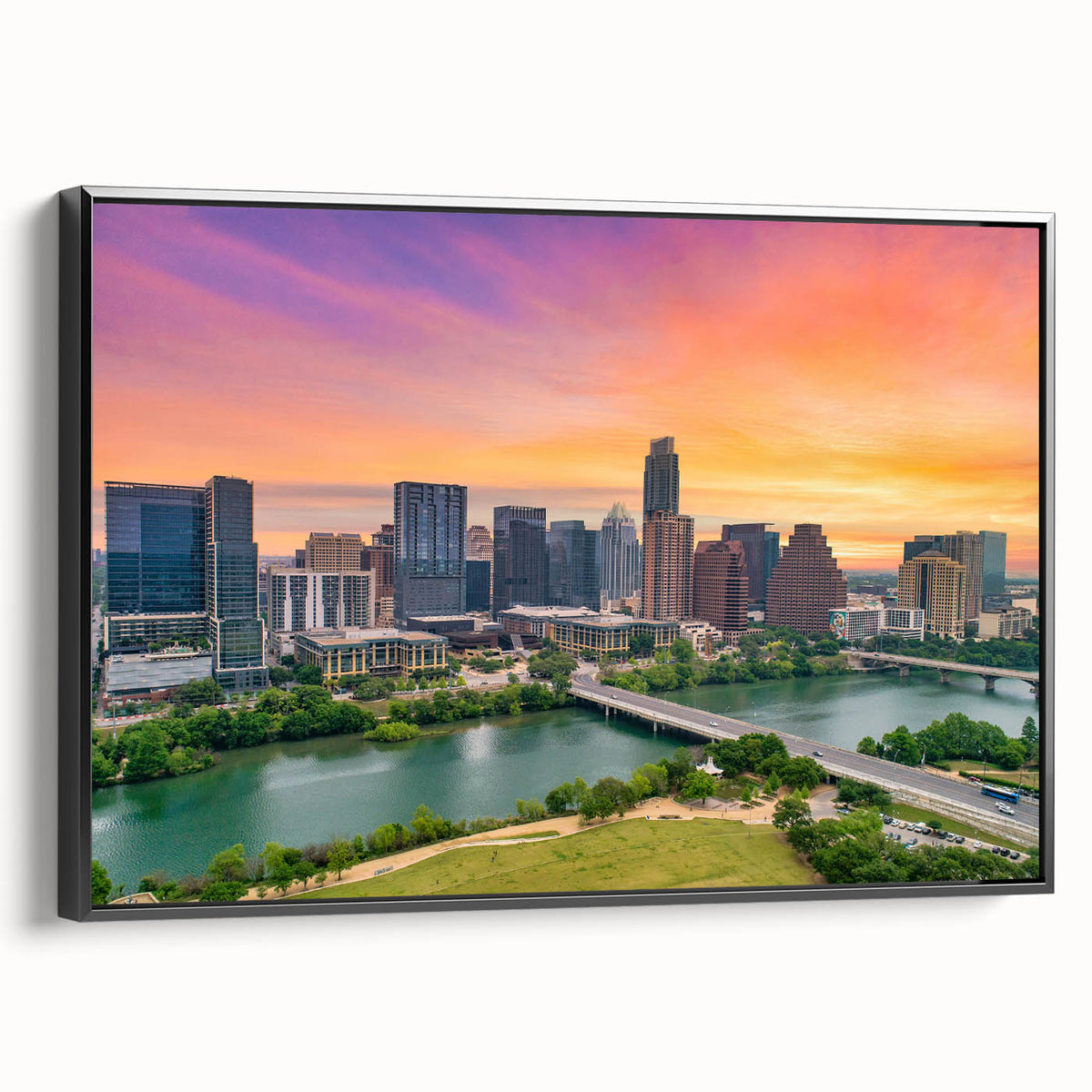 Black and white framed canvas of Austin, Texas landscape, ideal for bedroom wall art in vintage poster style.