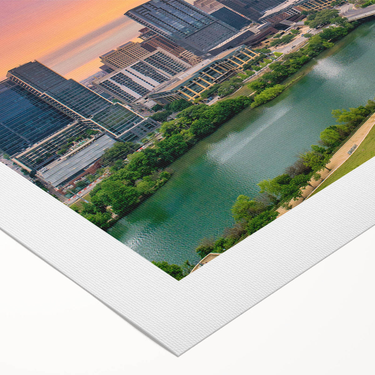 Art deco poster of Austin, Texas skyline in muted earth tones on rolled canvas, suitable for dining room wall art.
