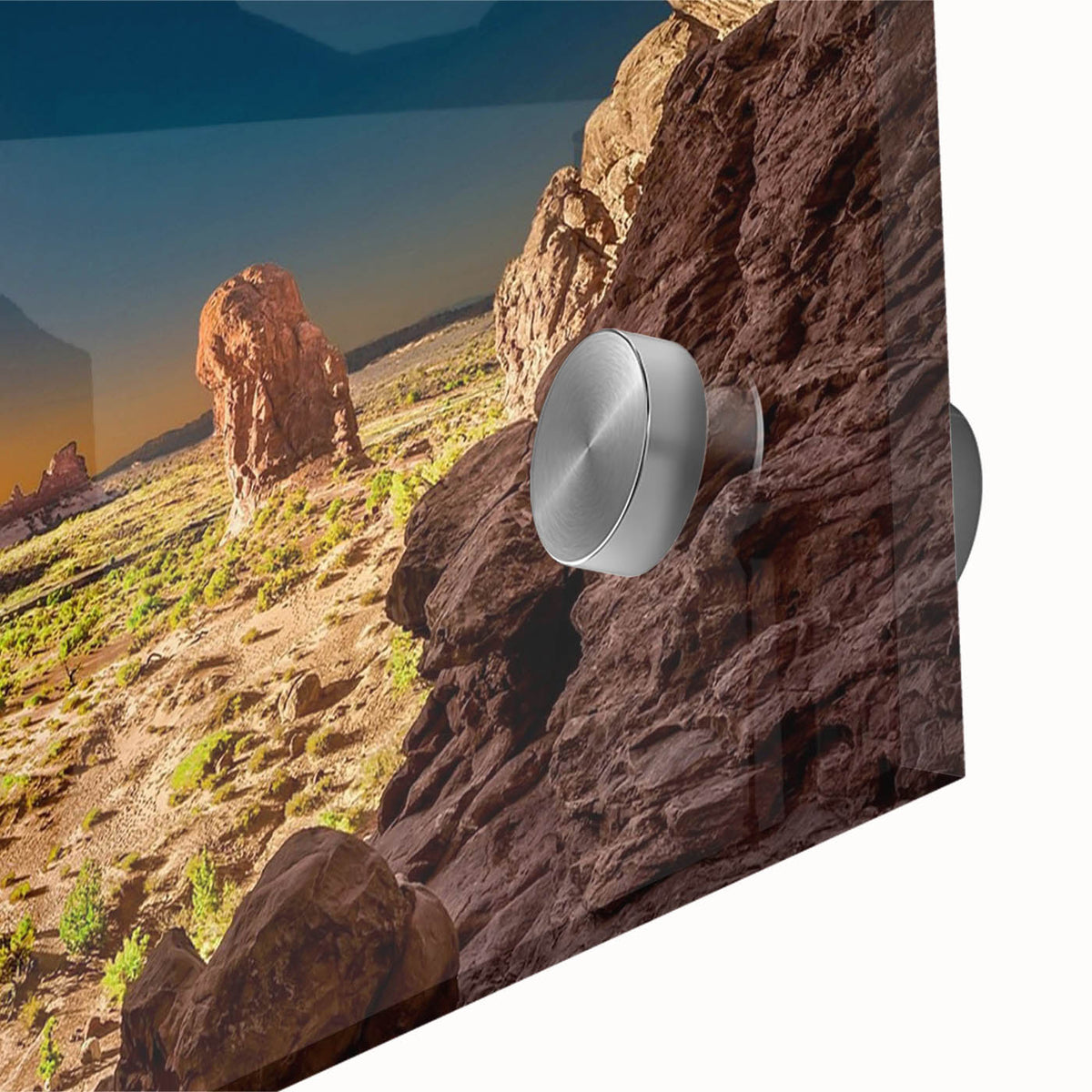 Mid-century modernist large abstract depiction of Arches National Park in muted earth tones on acrylic glass.