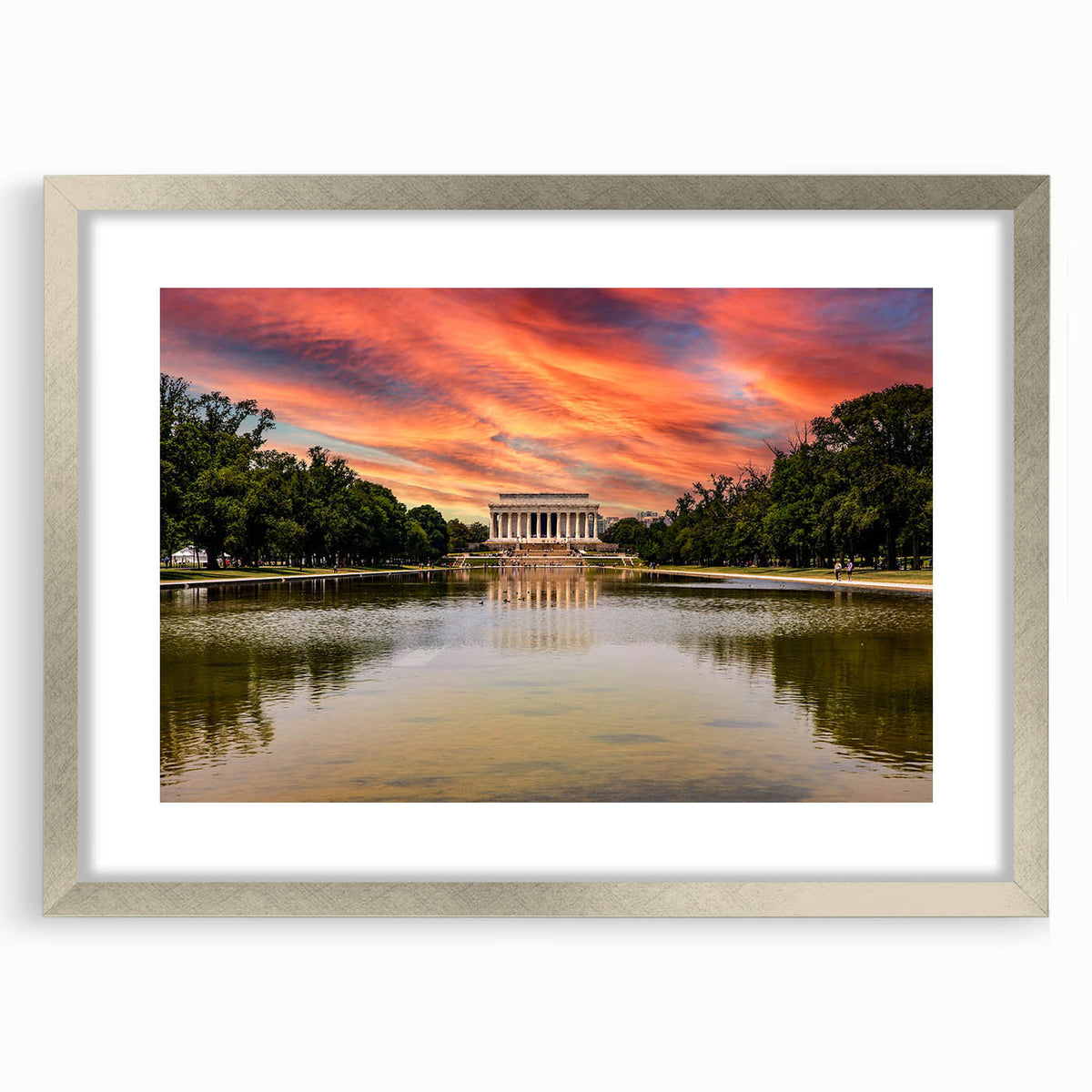 Textured art of abstract Washington D.C. skyline in muted gray and silver, framed with mat, ideal for bedroom ambiance.