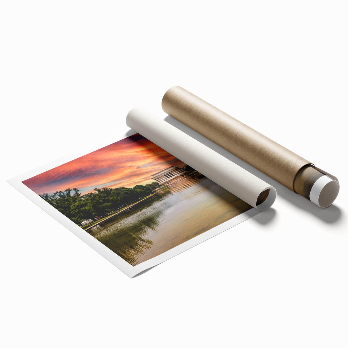 Extra large rolled print of Washington DC's Lincoln Memorial with soft floral detailing, in muted colors.