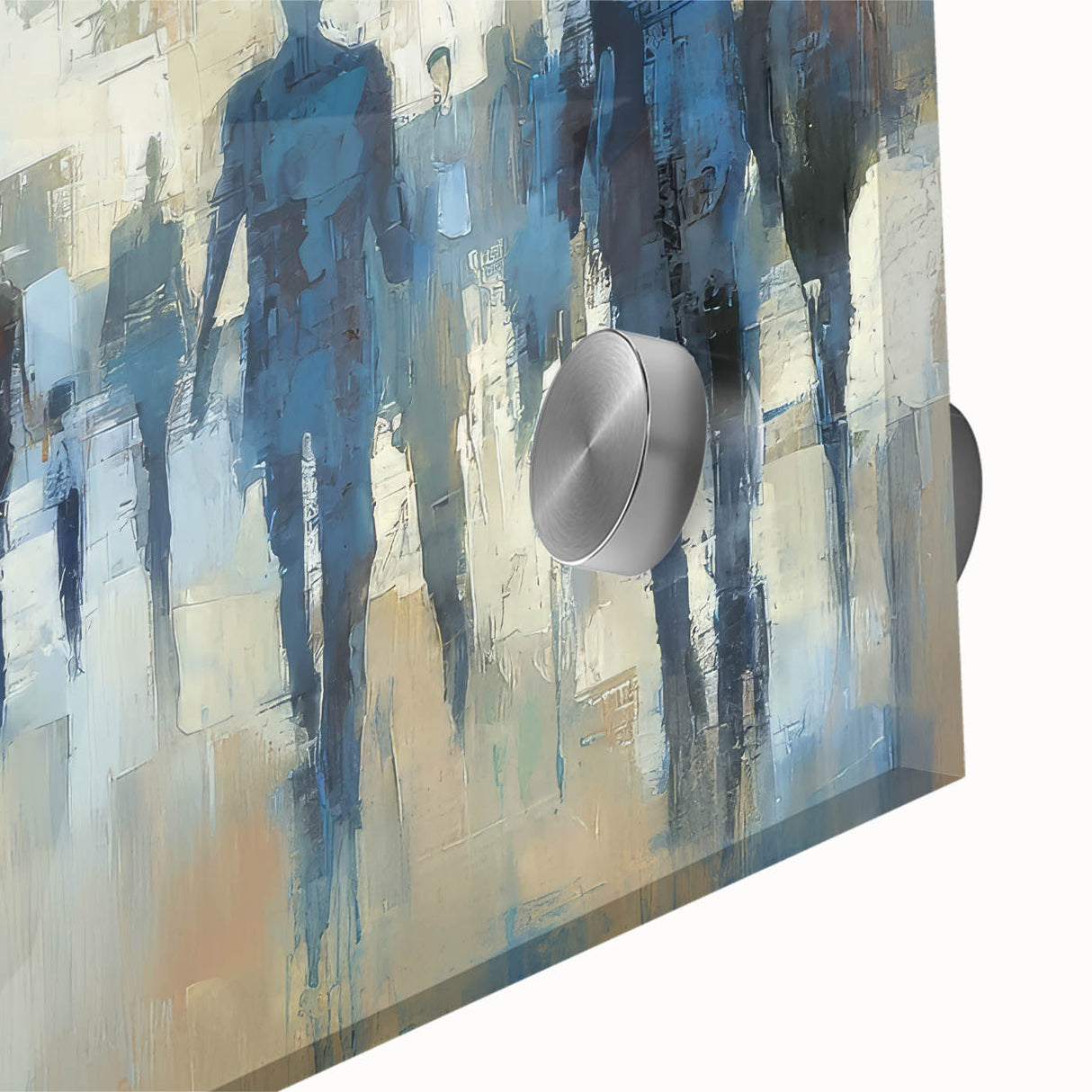 Close-up of a vibrant abstract figurative acrylic artwork on glass, showcasing rich colors and dynamic shapes, ideal for modern home decor.