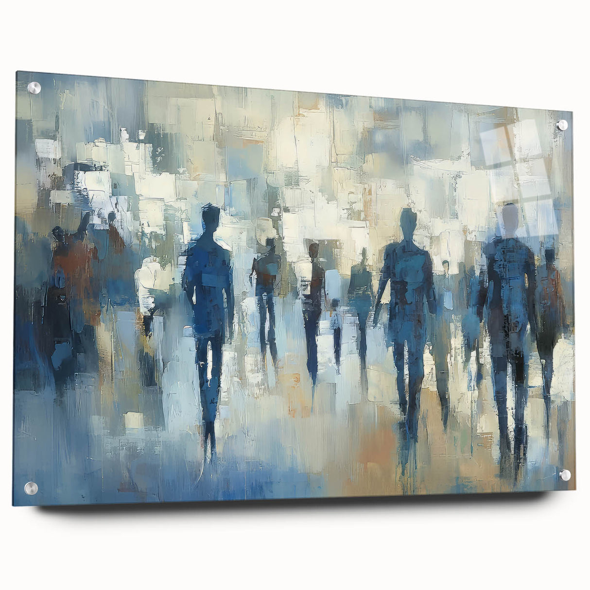 Abstract figurative acrylic artwork displayed from the side, showcasing vibrant colors and intricate details, secured with decorative pins for a modern touch.