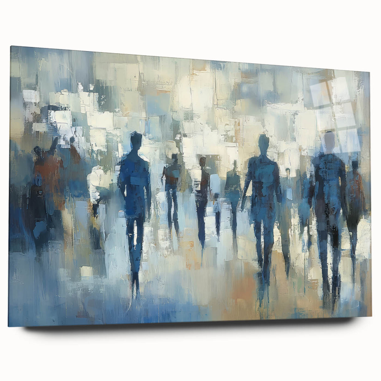 Abstract figurative acrylic artwork displayed in a side view, showcasing vibrant colors and dynamic shapes, ideal for modern home decor or gallery settings.
