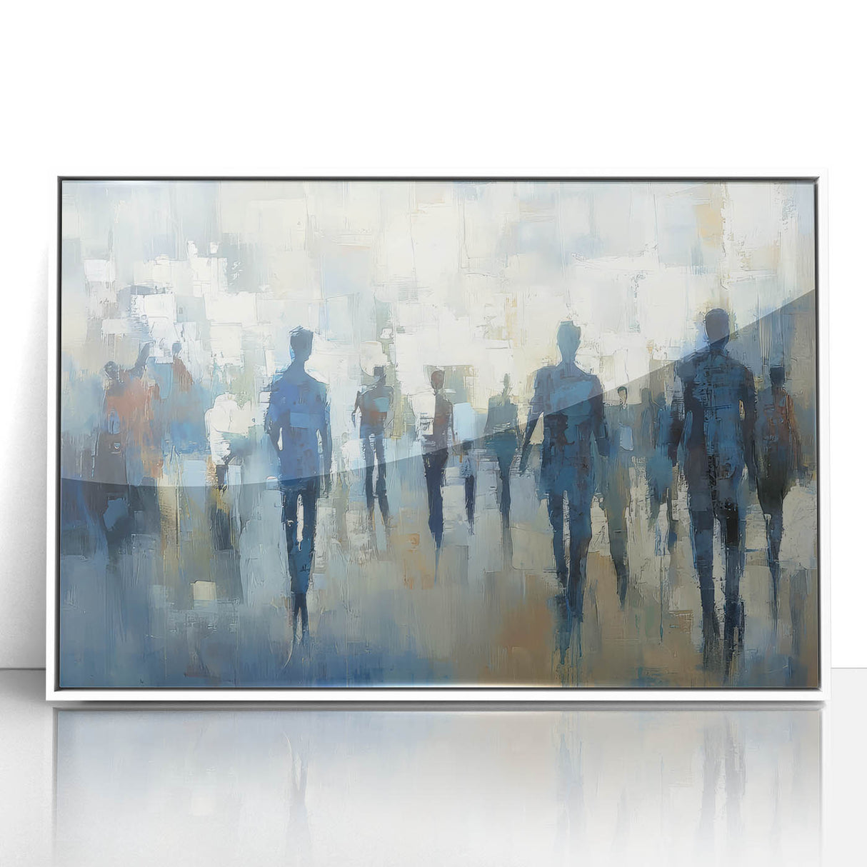 Framed acrylic artwork showcasing an abstract figurative design in a modern white frame, perfect for contemporary home decor, adding a touch of sophistication to any space.