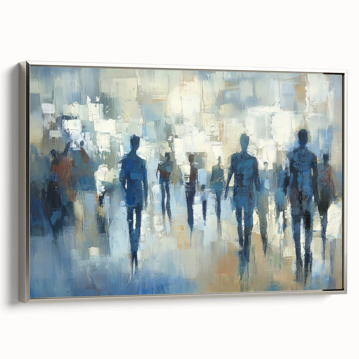 Abstract figurative framed canvas artwork with a silver frame, showcasing vibrant colors and dynamic shapes, perfect for modern home decor and artistic expression.