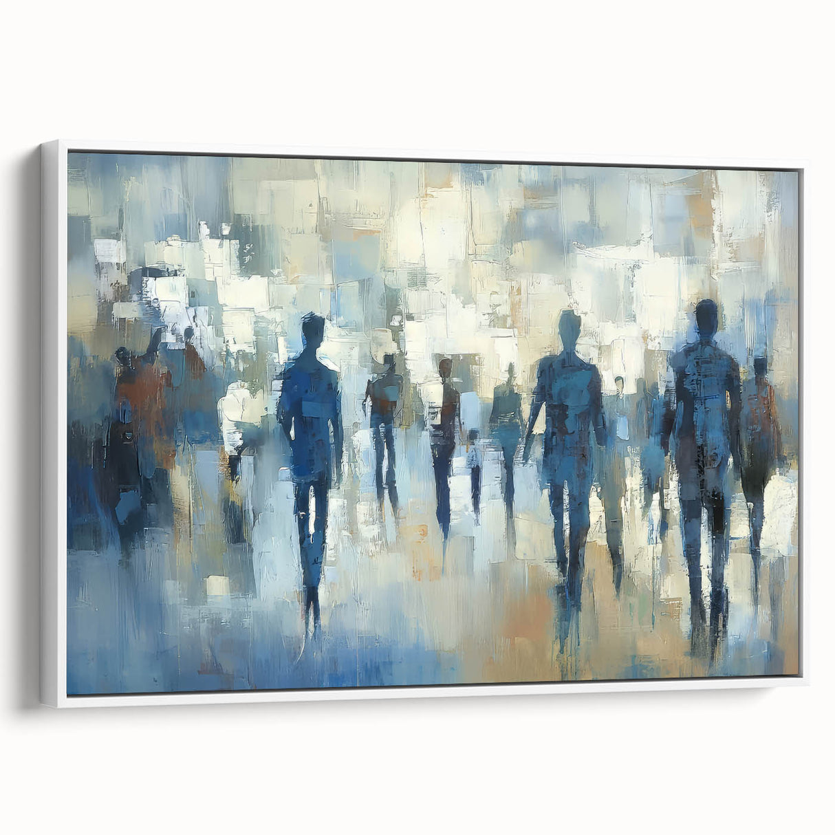 Framed abstract figurative canvas artwork in a sleek white frame, showcasing vibrant colors and dynamic shapes, ideal for modern home decor. Perfect for enhancing living spaces with a contemporary artistic touch.