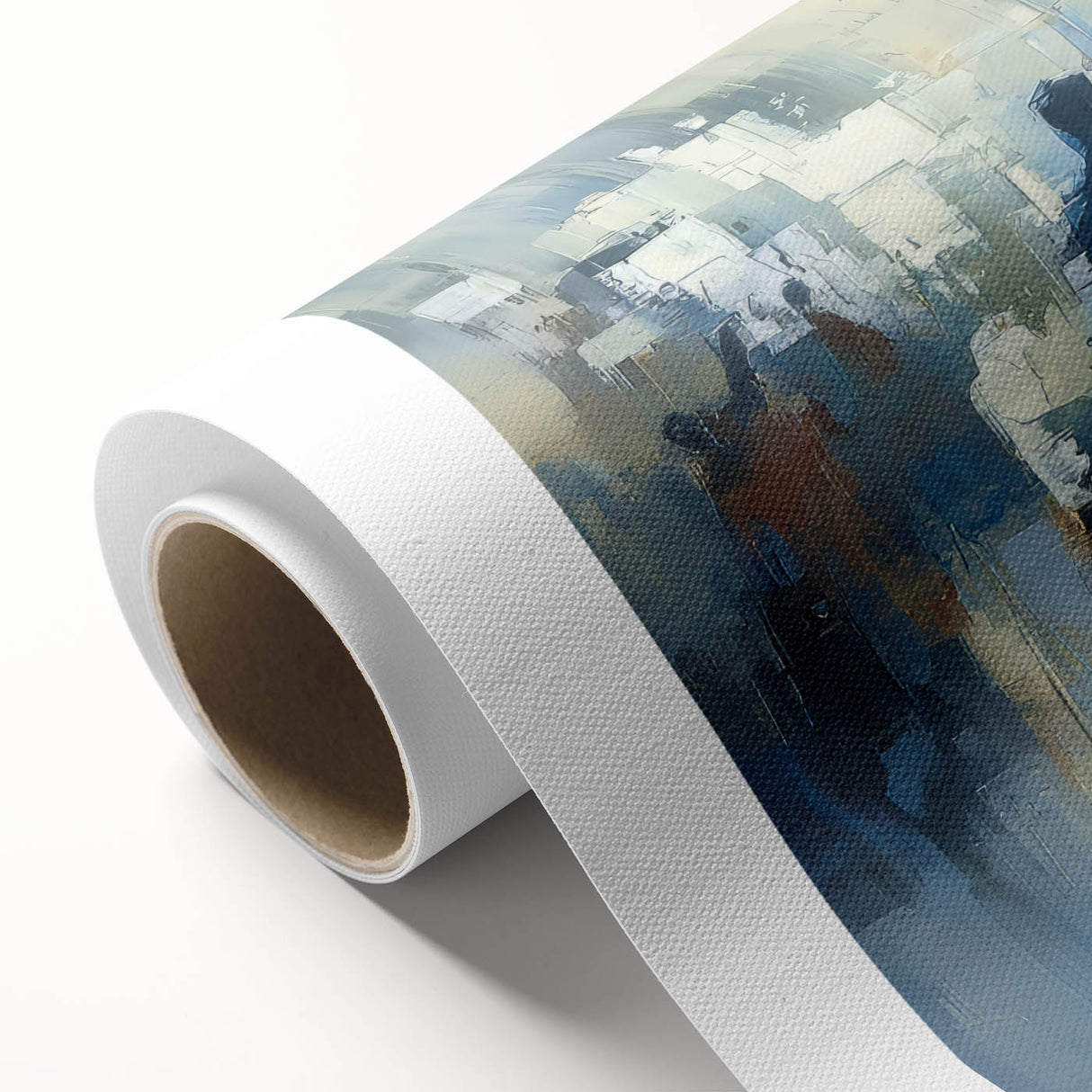 Abstract figurative wall art printed on rolled canvas, showcasing vibrant colors and dynamic shapes, ideal for modern home decor, packaged securely in a tube.