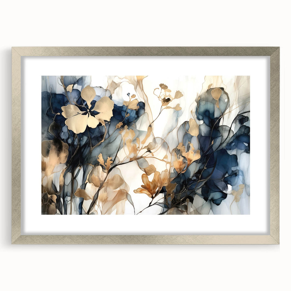 Abstract floral wall art framed in silver with a white mat, showcasing vibrant colors and intricate designs, perfect for modern home decor.