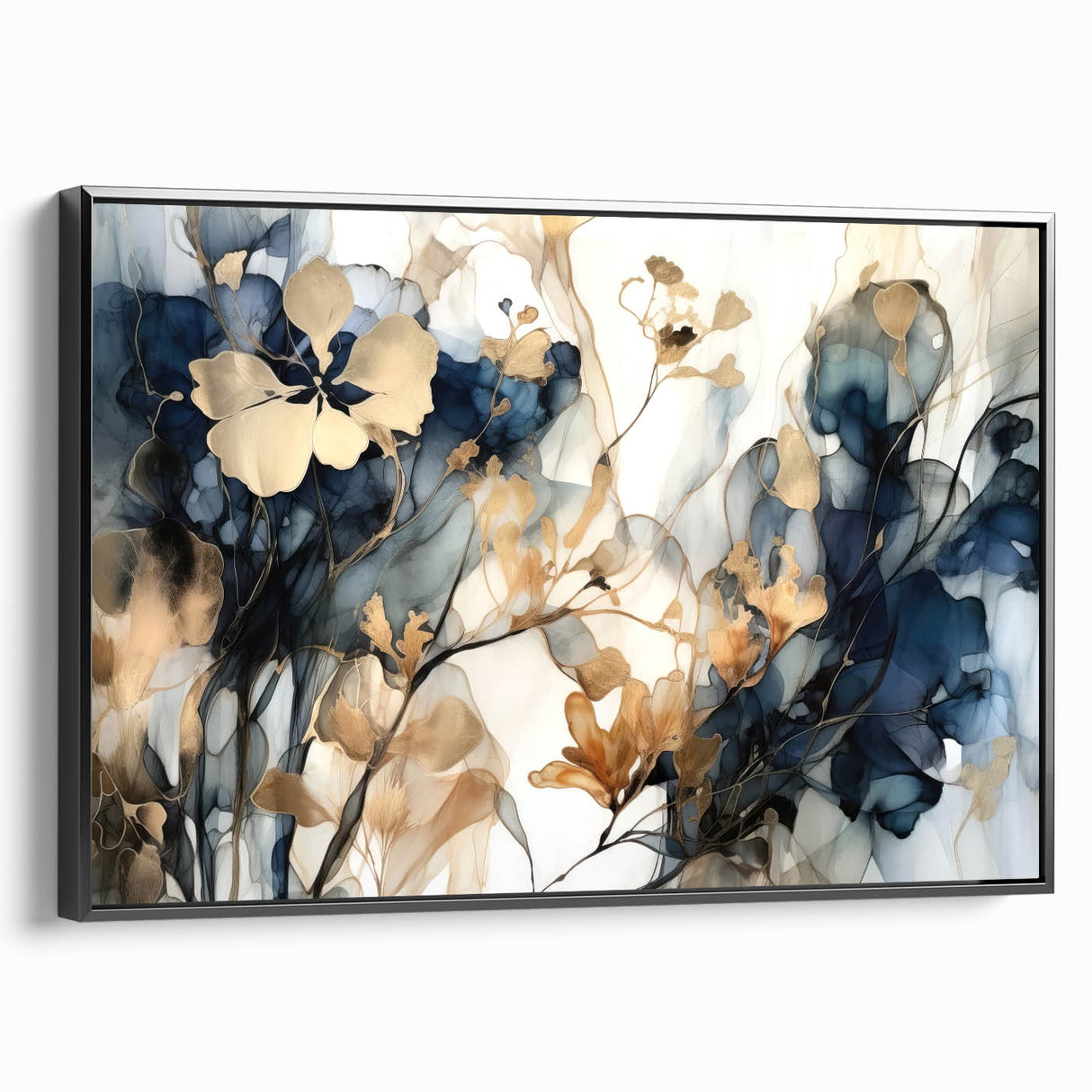Framed canvas wall art displaying abstract floral designs with vibrant colors, featuring a sleek black frame and a side view perspective, perfect for modern decor.