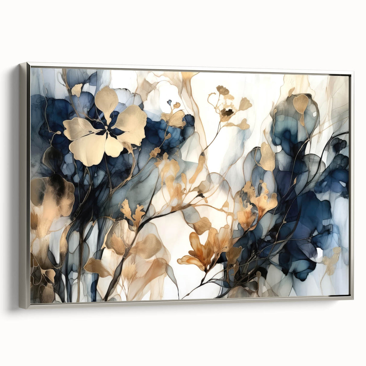 Framed canvas wall art showcasing abstract floral designs in vibrant colors, set in a sleek silver frame, adding a modern touch to home decor.