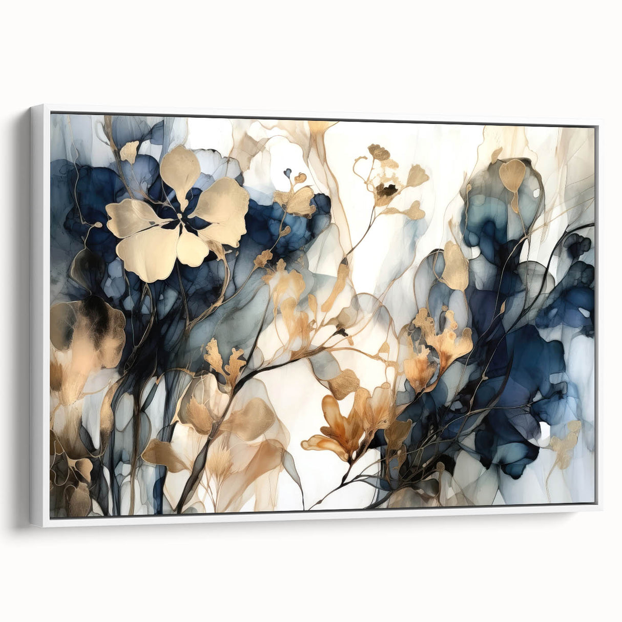 Framed canvas wall art showcasing an abstract floral design with vibrant colors, displayed from a white side view, perfect for modern home decor.